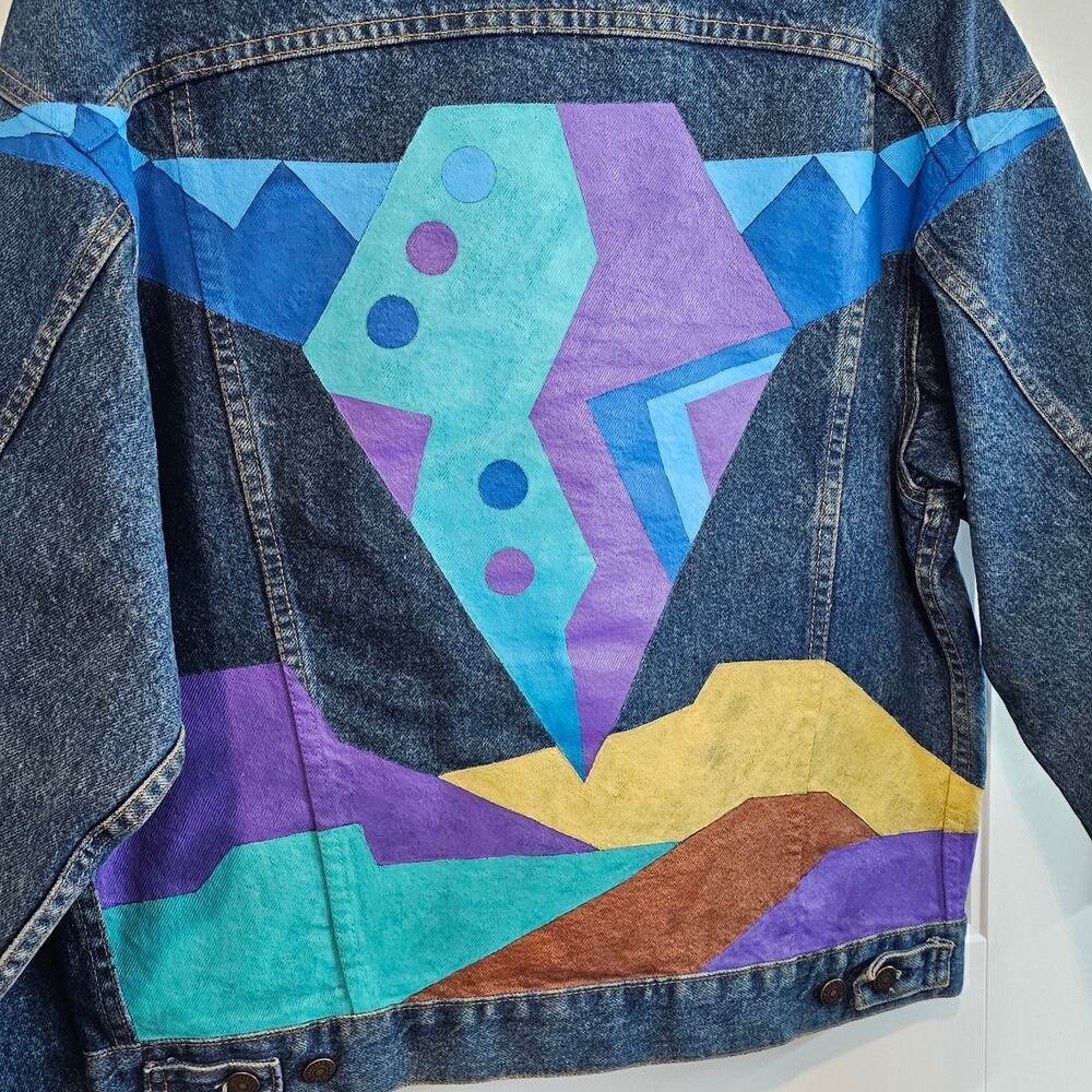 Vintage Levi's Denim Jacket Womens Large 80s Trucker Hand Painted South Western - Picture 7 of 12